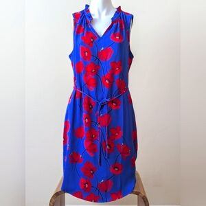 41 Hawthorn Blue and Red Midi Sundress with V-Neck and Sleeveless Design
